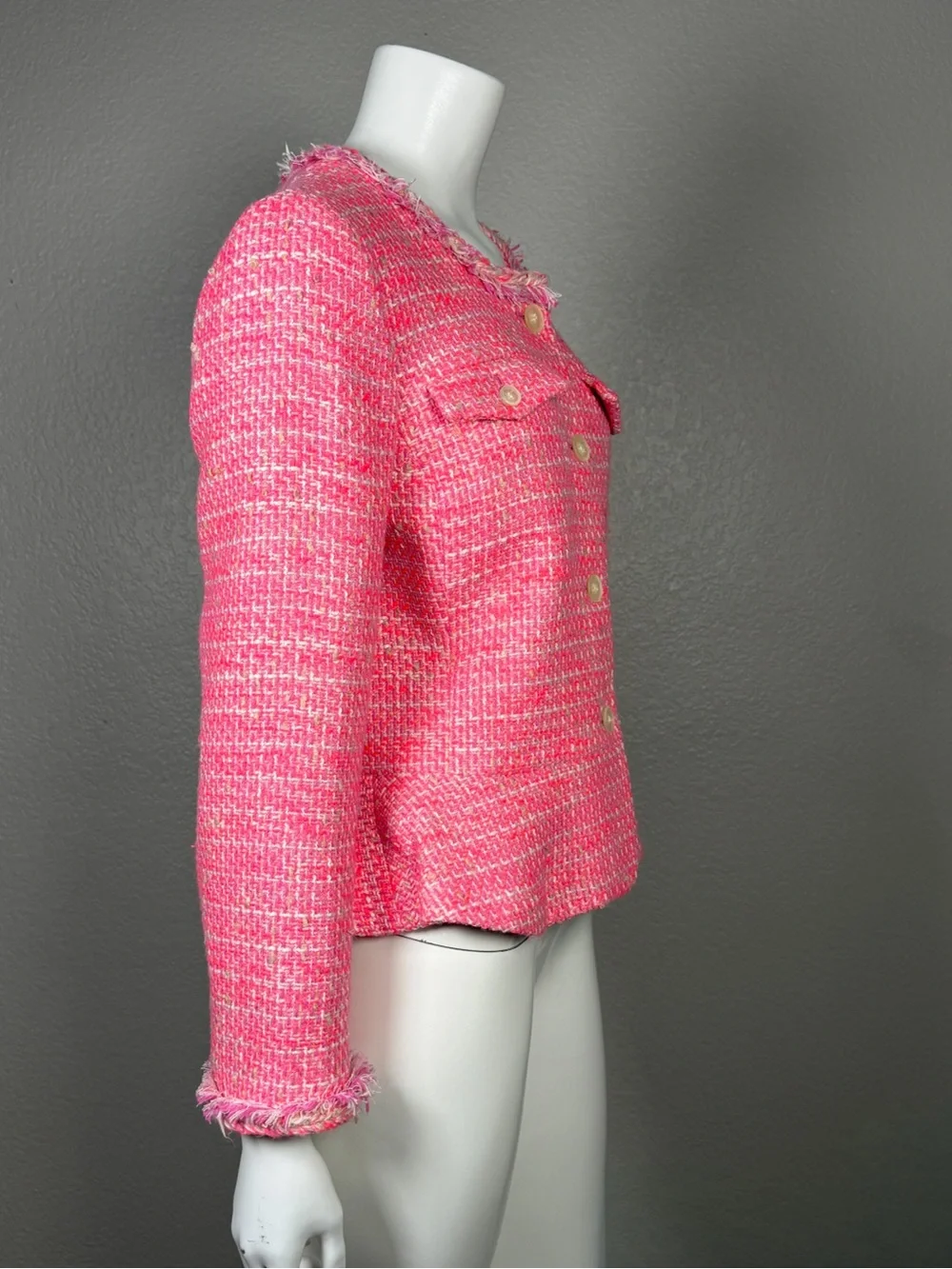 J.Crew Pink Tweed Lady Jacket Peplum Fringe Braided Trim Blazer Size 8